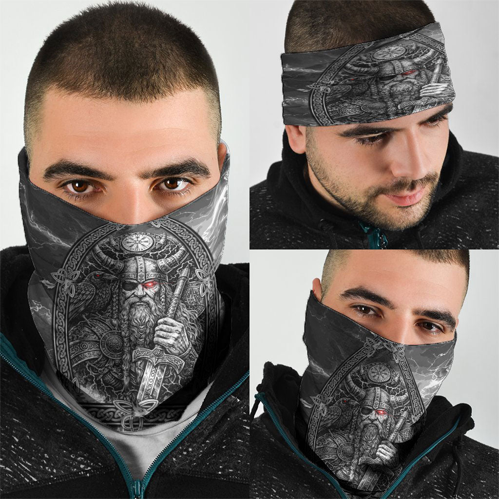 Viking Warrior Raven Axe Vegvisir Neck Gaiter Odin Warrior Nordic Runic Engraved Illustration Style