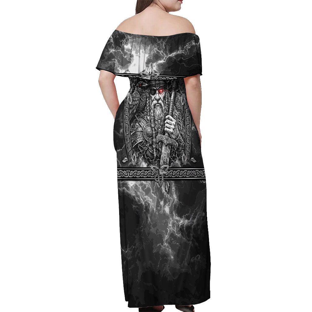 Viking Warrior Raven Axe Vegvisir Off Shoulder Maxi Dress Odin Warrior Nordic Runic Engraved Illustration Style