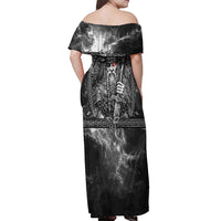 Viking Warrior Raven Axe Vegvisir Off Shoulder Maxi Dress Odin Warrior Nordic Runic Engraved Illustration Style