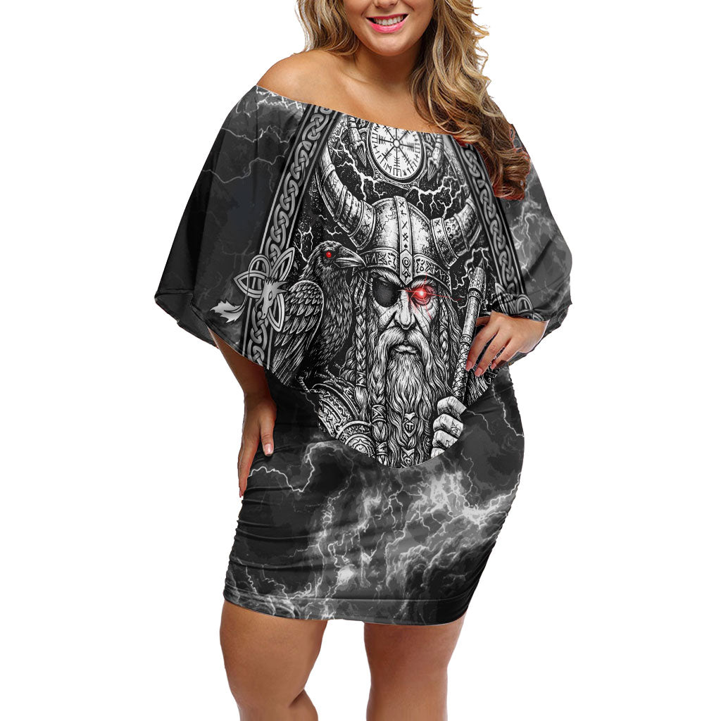 Viking Warrior Raven Axe Vegvisir Off Shoulder Short Dress Odin Warrior Nordic Runic Engraved Illustration Style