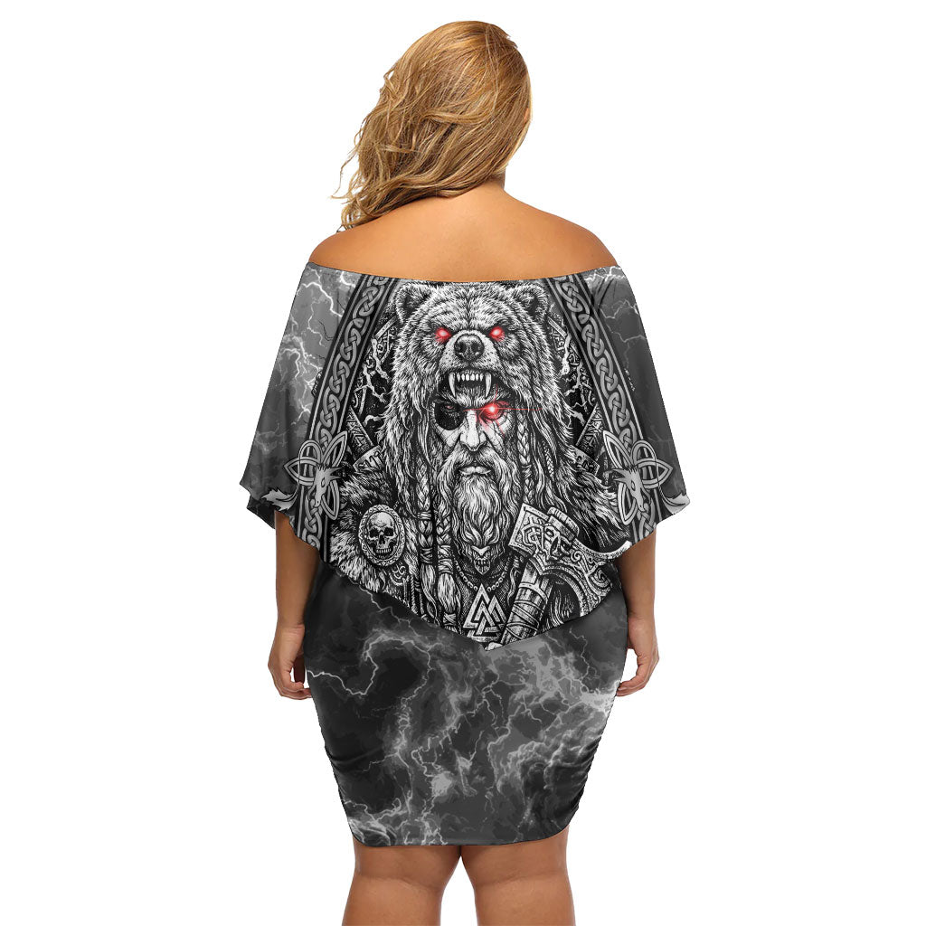 Viking Warrior Raven Axe Vegvisir Off Shoulder Short Dress Odin Warrior Nordic Runic Engraved Illustration Style