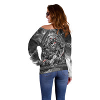 Viking Warrior Raven Axe Vegvisir Off Shoulder Sweater Odin Warrior Nordic Runic Engraved Illustration Style
