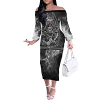 Viking Warrior Raven Axe Vegvisir Off The Shoulder Long Sleeve Dress Odin Warrior Nordic Runic Engraved Illustration Style