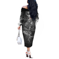 Viking Warrior Raven Axe Vegvisir Off The Shoulder Long Sleeve Dress Odin Warrior Nordic Runic Engraved Illustration Style