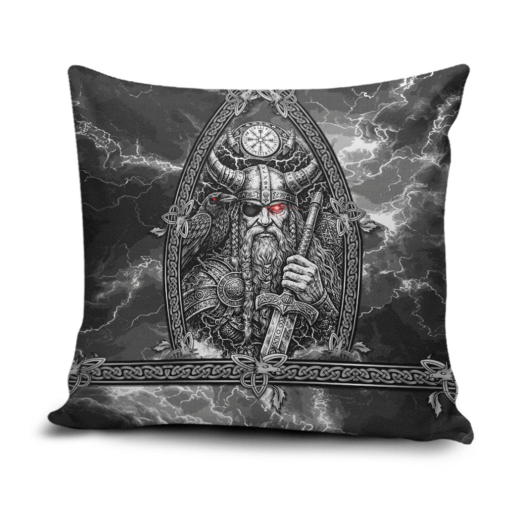 Viking Warrior Raven Axe Vegvisir Pillow Cover Odin Warrior Nordic Runic Engraved Illustration Style