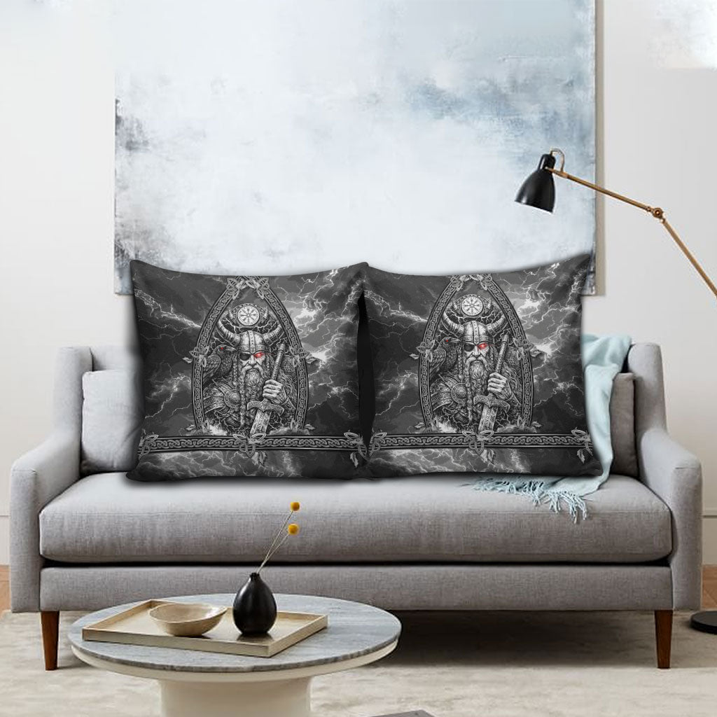 Viking Warrior Raven Axe Vegvisir Pillow Cover Odin Warrior Nordic Runic Engraved Illustration Style