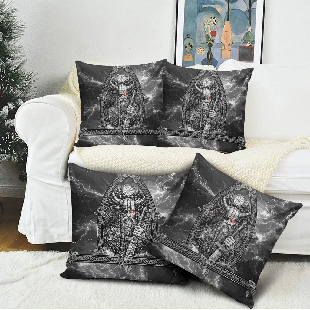 Viking Warrior Raven Axe Vegvisir Pillow Cover Odin Warrior Nordic Runic Engraved Illustration Style