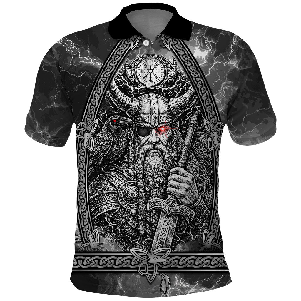 Viking Warrior Raven Axe Vegvisir Polo Shirt Odin Warrior Nordic Runic Engraved Illustration Style