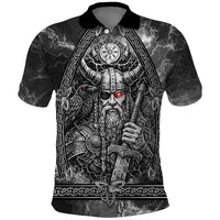 Viking Warrior Raven Axe Vegvisir Polo Shirt Odin Warrior Nordic Runic Engraved Illustration Style