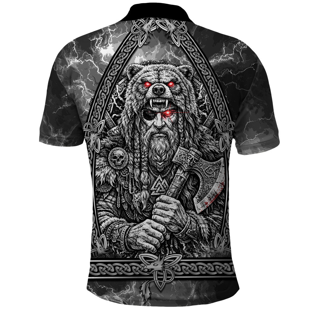 Viking Warrior Raven Axe Vegvisir Polo Shirt Odin Warrior Nordic Runic Engraved Illustration Style