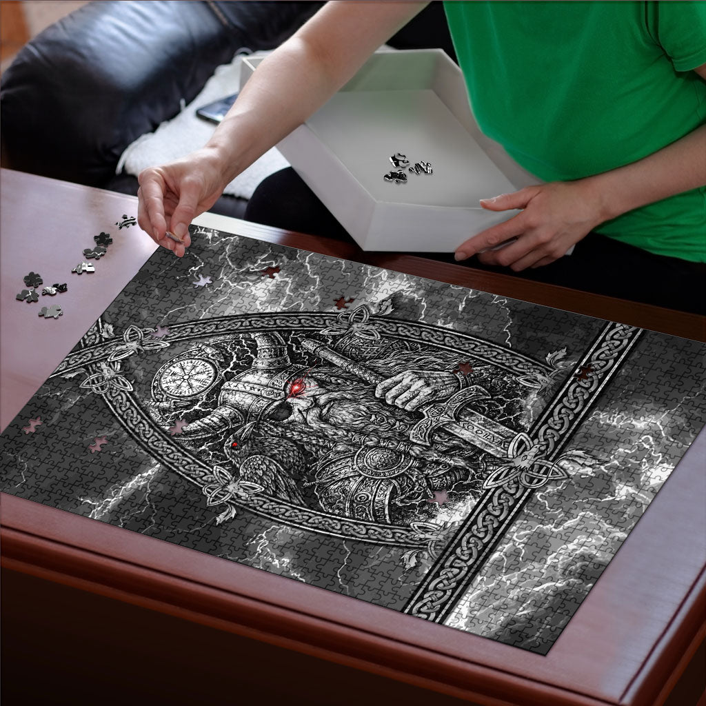 Viking Warrior Raven Axe Vegvisir Puzzle Odin Warrior Nordic Runic Engraved Illustration Style