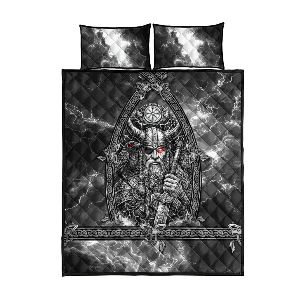 Viking Warrior Raven Axe Vegvisir Quilt Bed Set Odin Warrior Nordic Runic Engraved Illustration Style