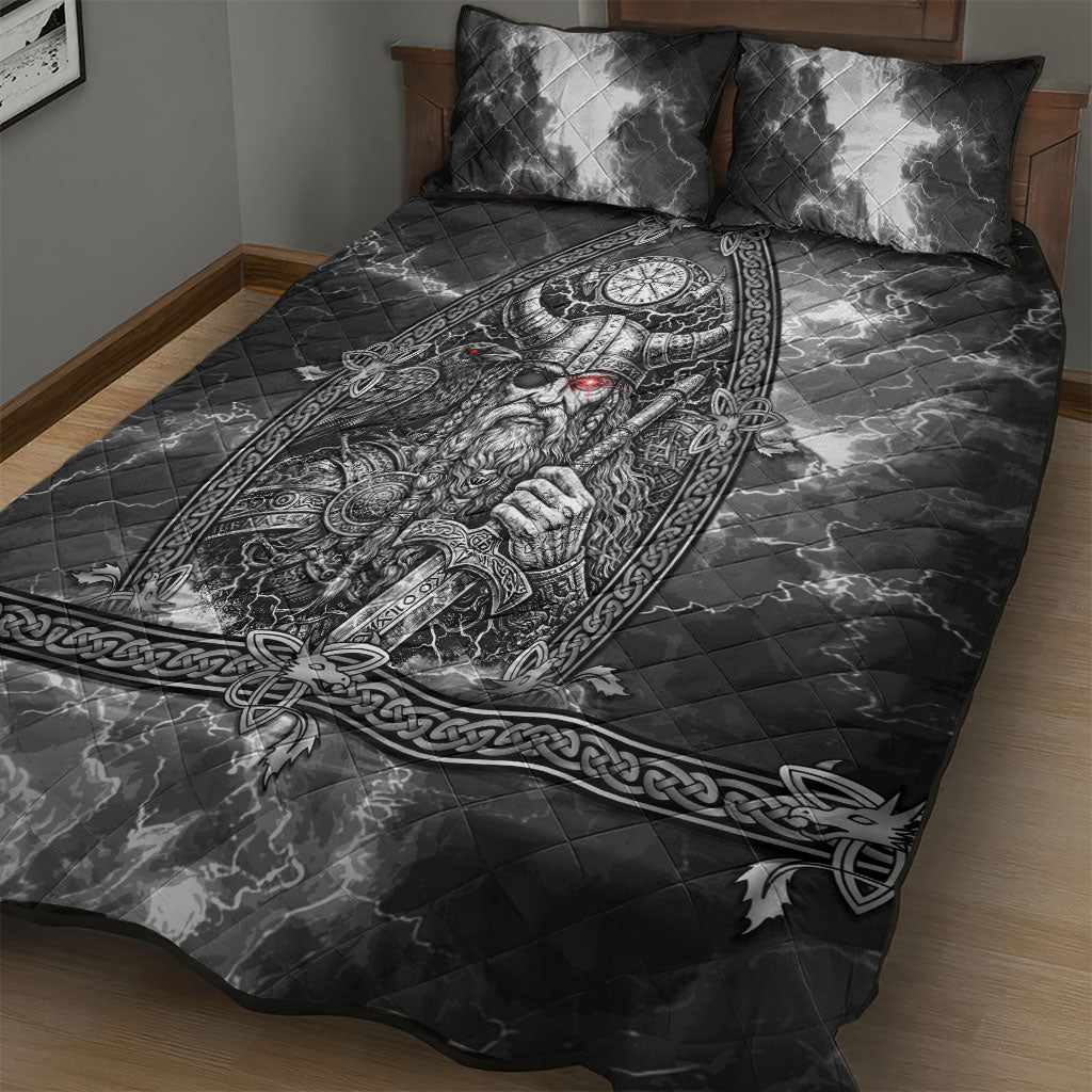 Viking Warrior Raven Axe Vegvisir Quilt Bed Set Odin Warrior Nordic Runic Engraved Illustration Style