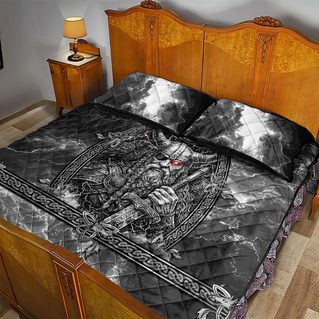 Viking Warrior Raven Axe Vegvisir Quilt Bed Set Odin Warrior Nordic Runic Engraved Illustration Style