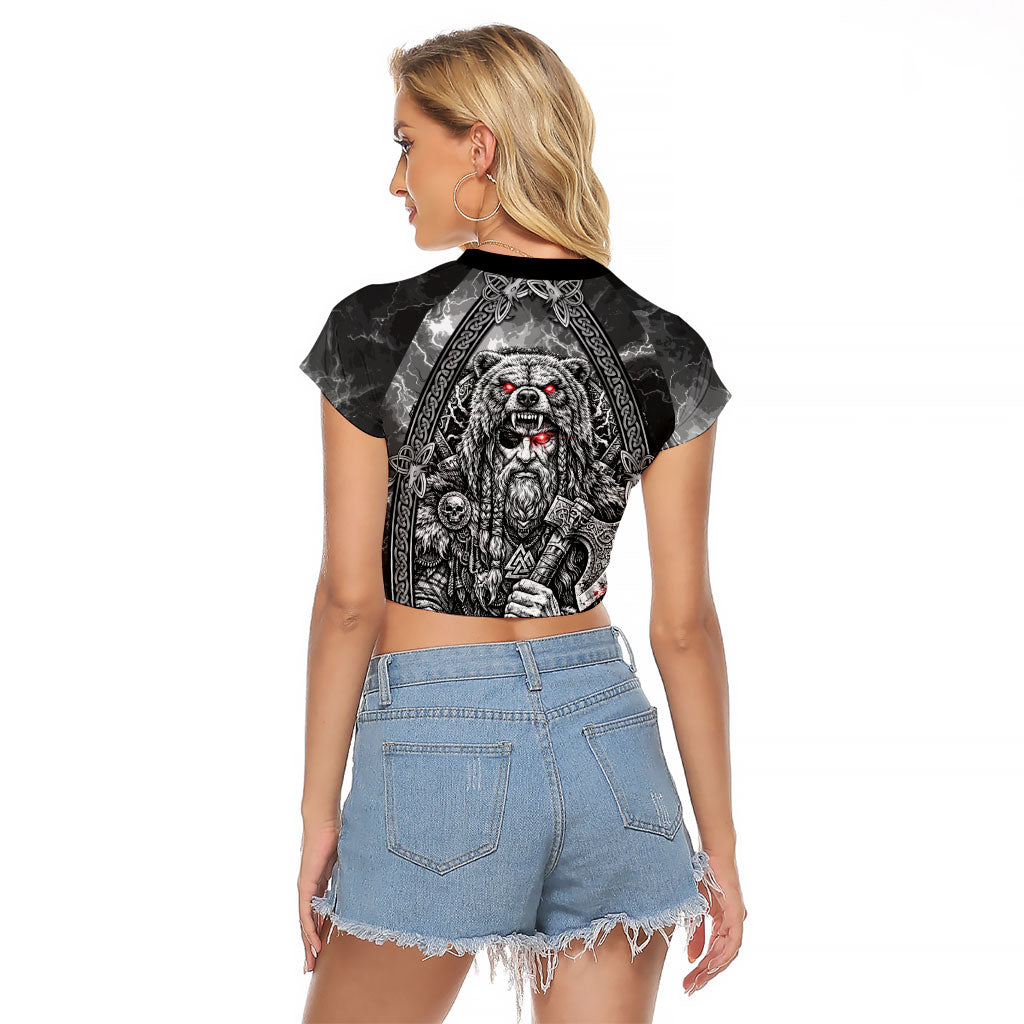 Viking Warrior Raven Axe Vegvisir Raglan Cropped T Shirt Odin Warrior Nordic Runic Engraved Illustration Style