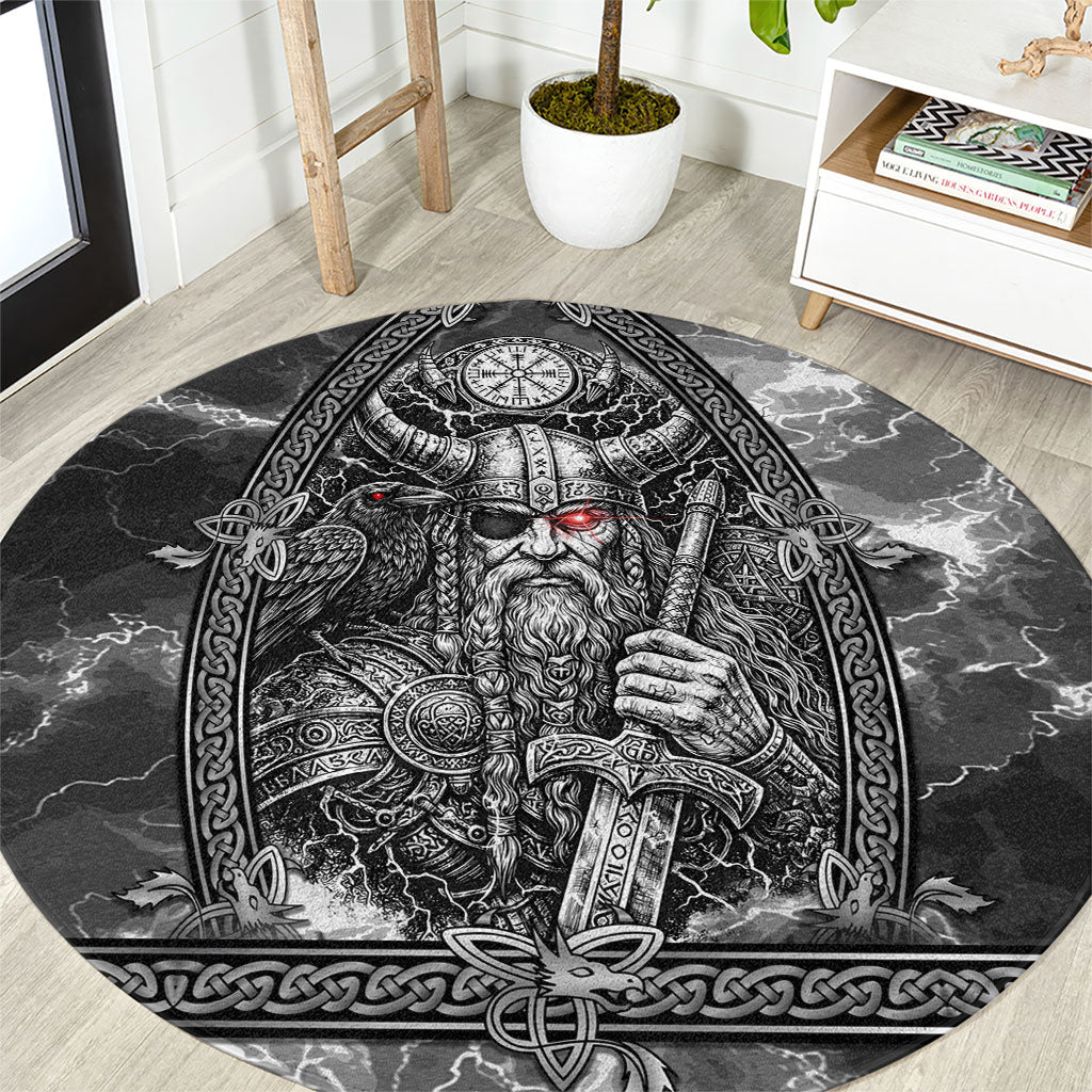 Viking Warrior Raven Axe Vegvisir Round Carpet Odin Warrior Nordic Runic Engraved Illustration Style