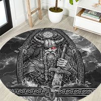 Viking Warrior Raven Axe Vegvisir Round Carpet Odin Warrior Nordic Runic Engraved Illustration Style