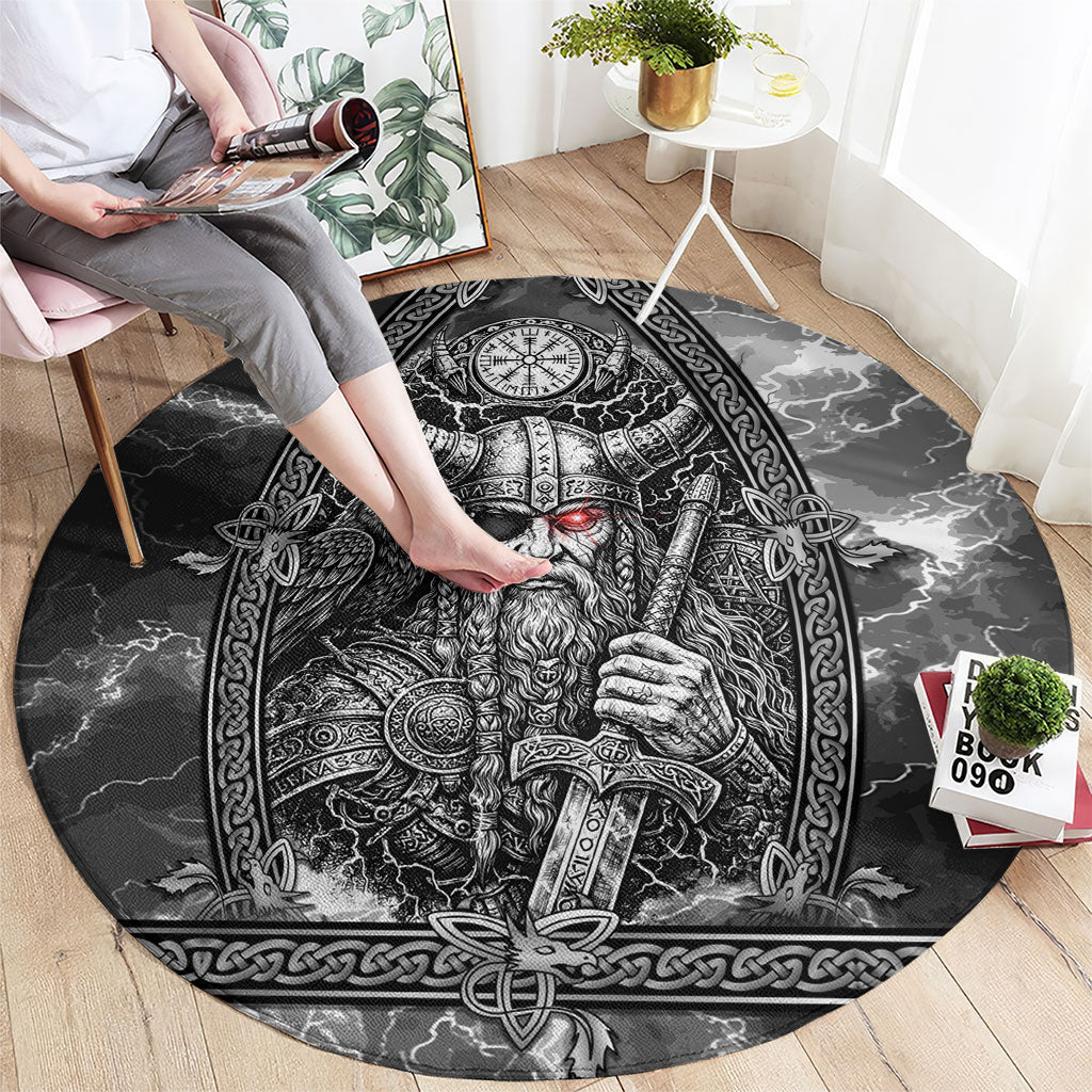 Viking Warrior Raven Axe Vegvisir Round Carpet Odin Warrior Nordic Runic Engraved Illustration Style