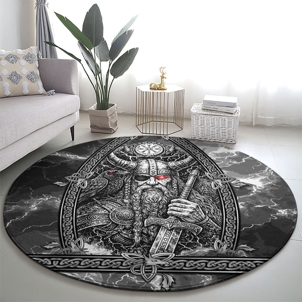 Viking Warrior Raven Axe Vegvisir Round Carpet Odin Warrior Nordic Runic Engraved Illustration Style
