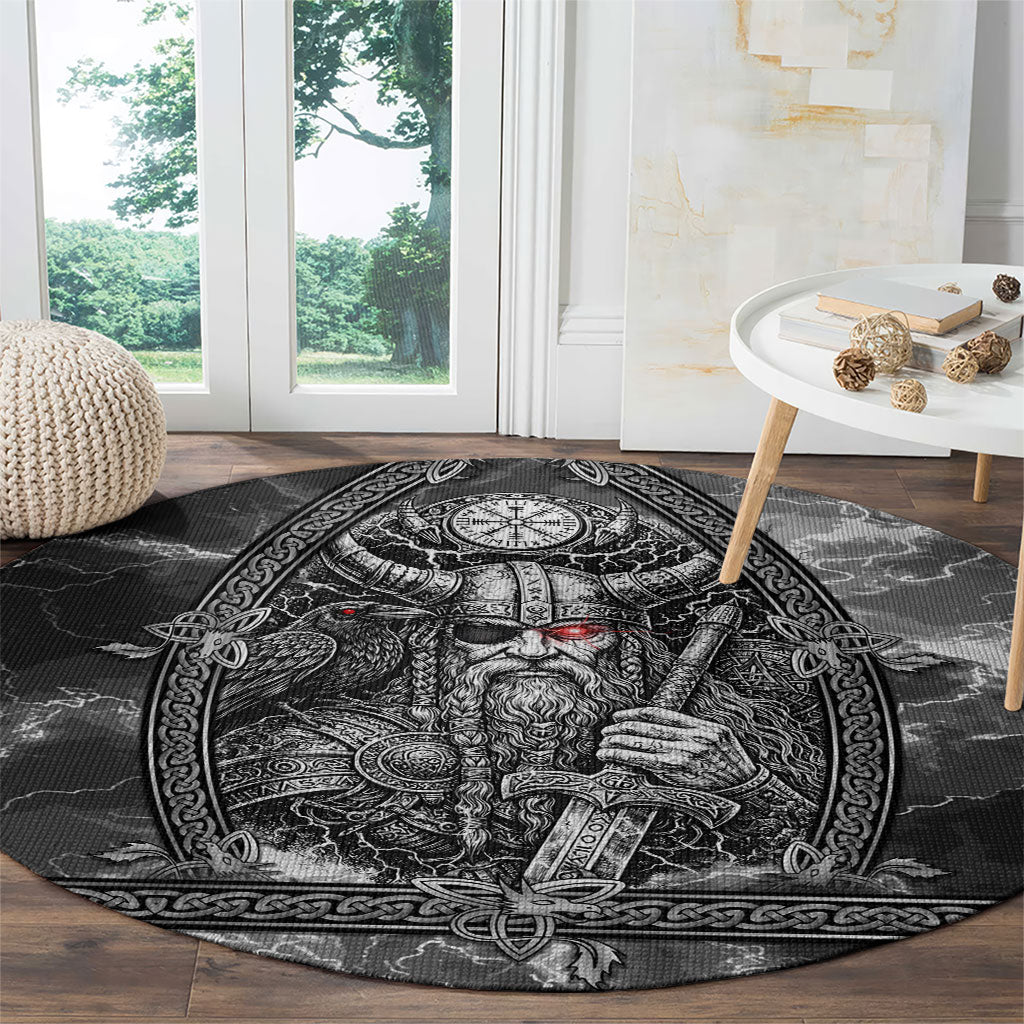Viking Warrior Raven Axe Vegvisir Round Carpet Odin Warrior Nordic Runic Engraved Illustration Style