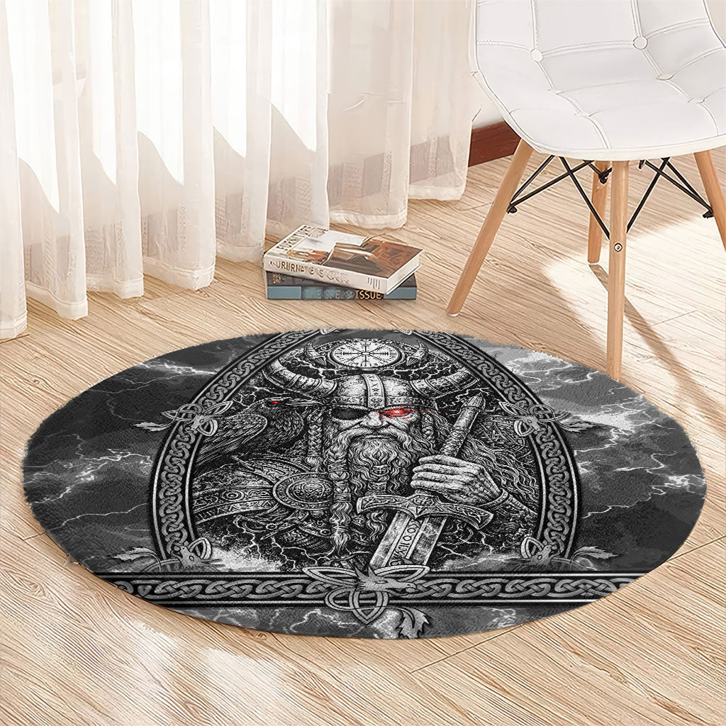 Viking Warrior Raven Axe Vegvisir Round Carpet Odin Warrior Nordic Runic Engraved Illustration Style