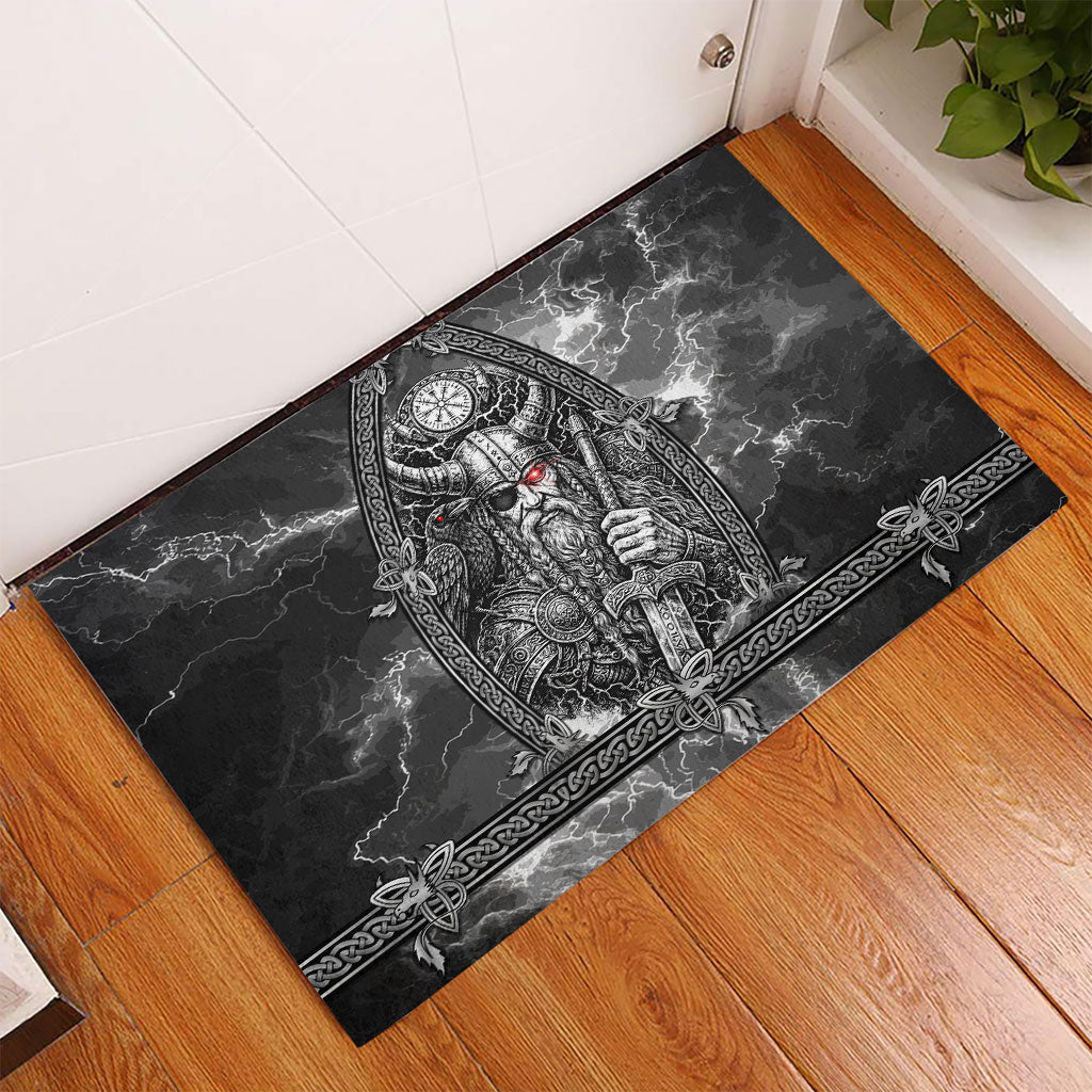 Viking Warrior Raven Axe Vegvisir Rubber Doormat Odin Warrior Nordic Runic Engraved Illustration Style