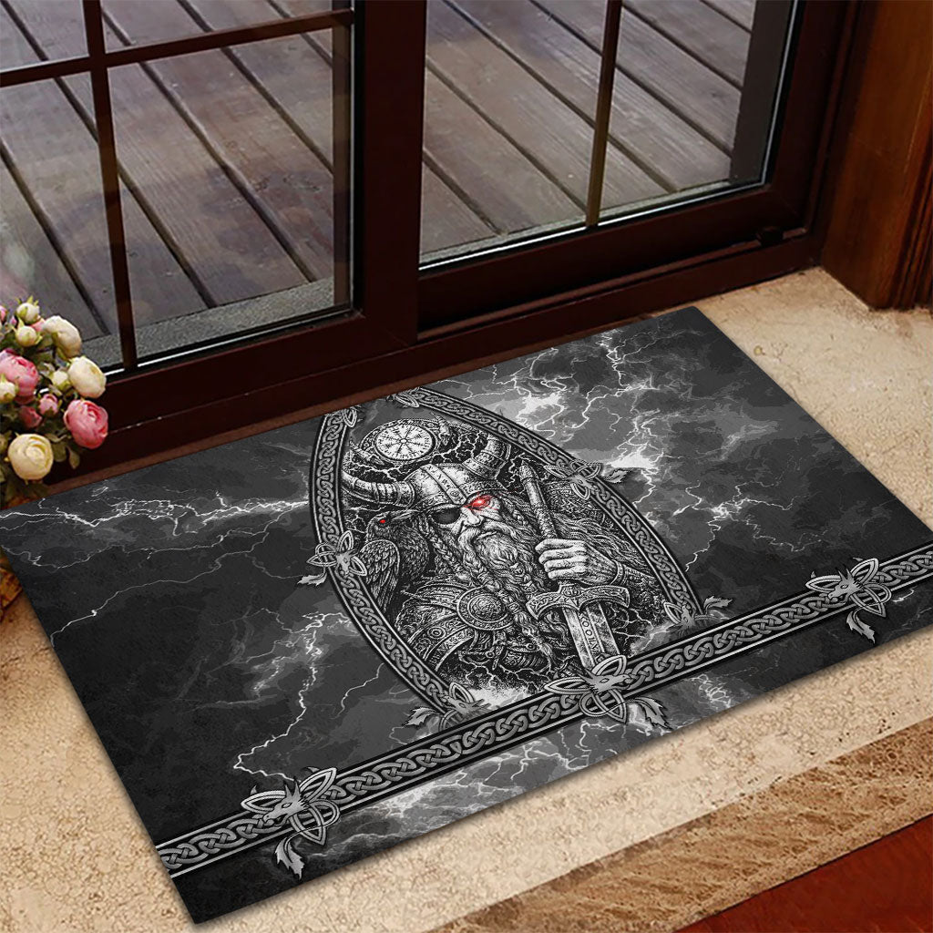 Viking Warrior Raven Axe Vegvisir Rubber Doormat Odin Warrior Nordic Runic Engraved Illustration Style