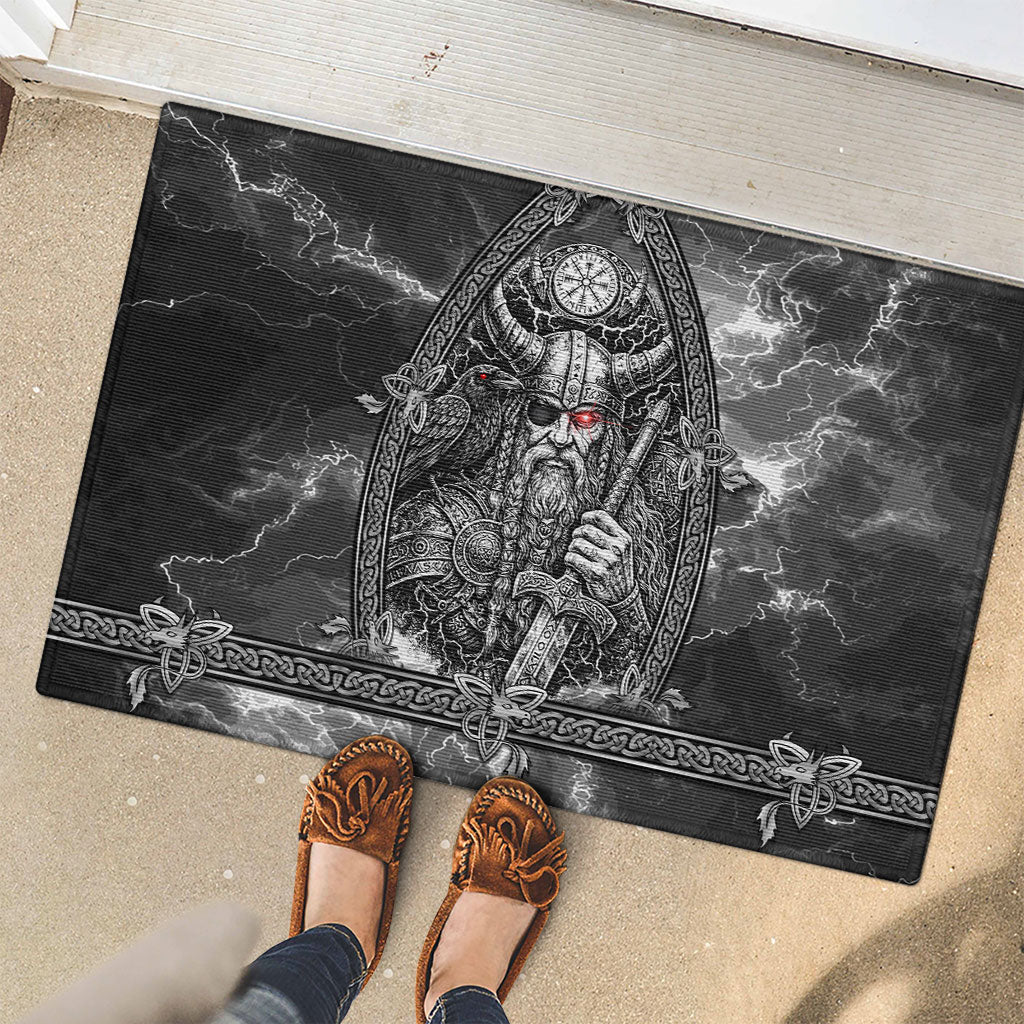 Viking Warrior Raven Axe Vegvisir Rubber Doormat Odin Warrior Nordic Runic Engraved Illustration Style