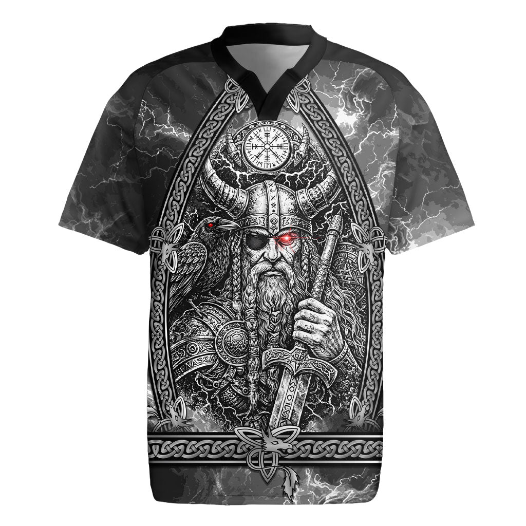 Viking Warrior Raven Axe Vegvisir Rugby Jersey Odin Warrior Nordic Runic Engraved Illustration Style