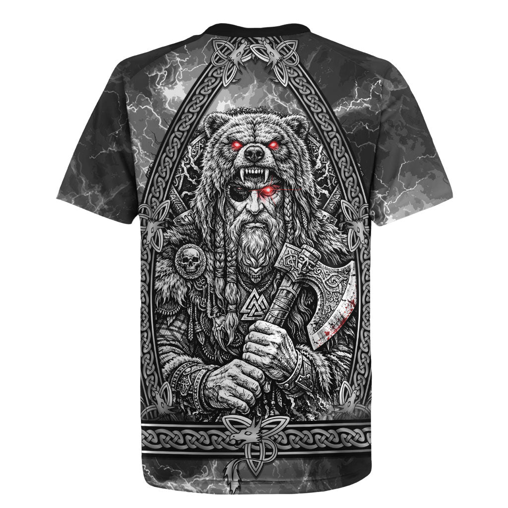 Viking Warrior Raven Axe Vegvisir Rugby Jersey Odin Warrior Nordic Runic Engraved Illustration Style