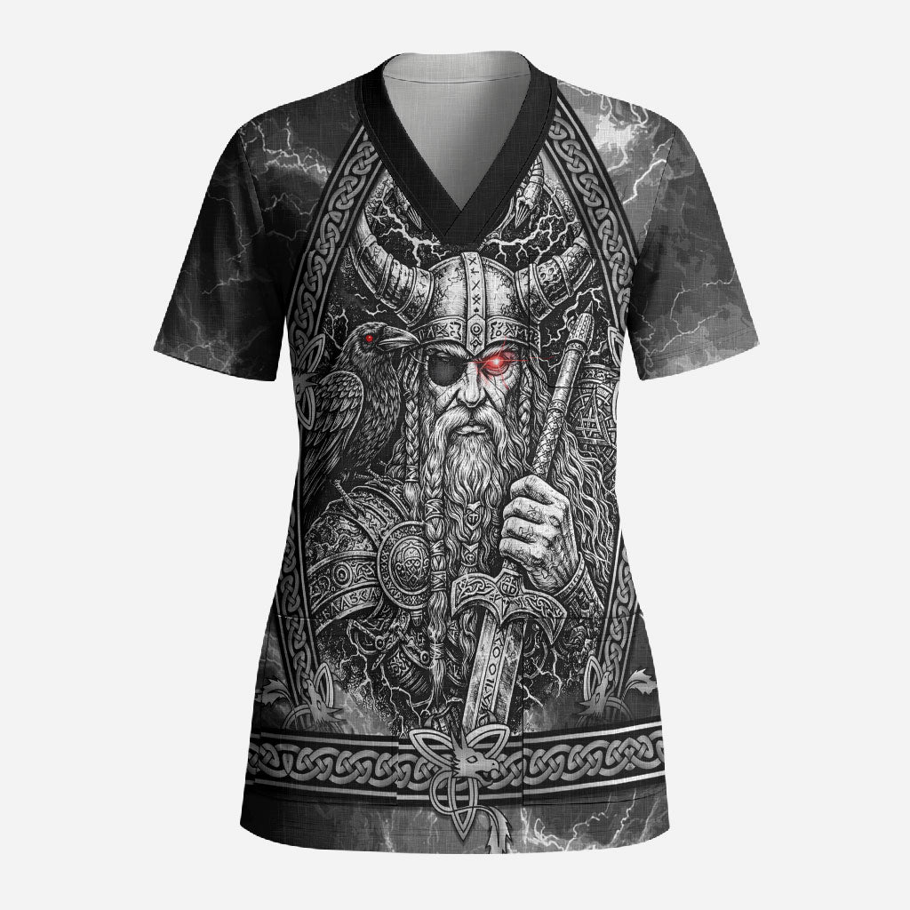Viking Warrior Raven Axe Vegvisir Scrub Top Odin Warrior Nordic Runic Engraved Illustration Style