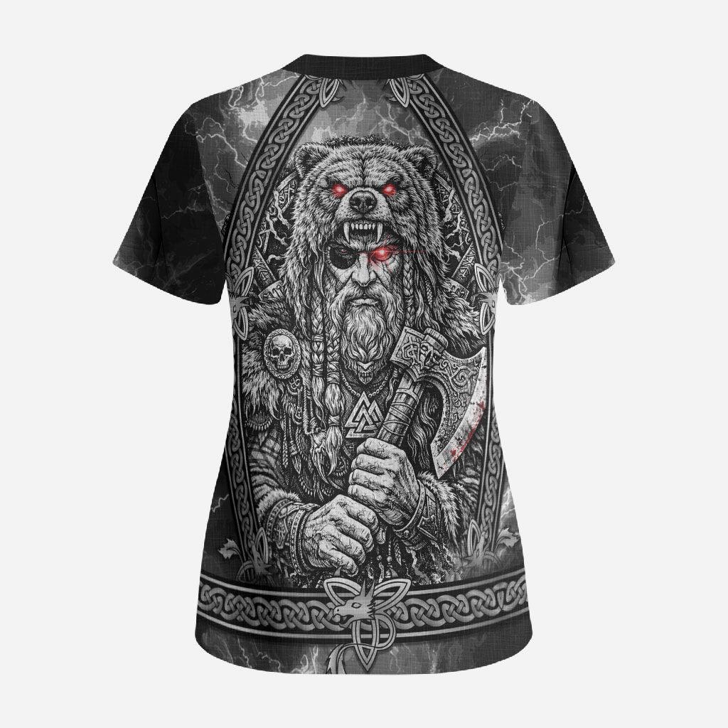 Viking Warrior Raven Axe Vegvisir Scrub Top Odin Warrior Nordic Runic Engraved Illustration Style