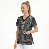 Viking Warrior Raven Axe Vegvisir Scrub Top Odin Warrior Nordic Runic Engraved Illustration Style