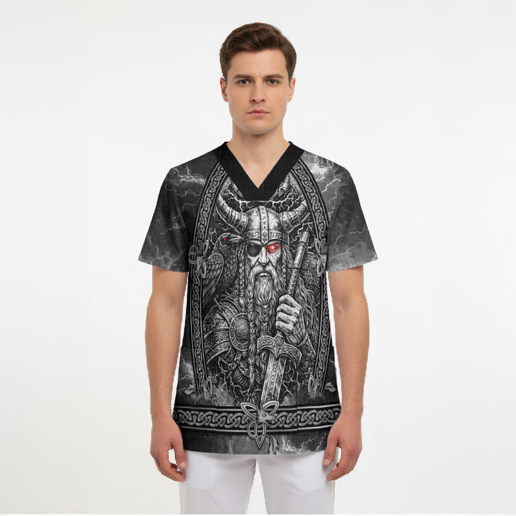 Viking Warrior Raven Axe Vegvisir Scrub Top Odin Warrior Nordic Runic Engraved Illustration Style