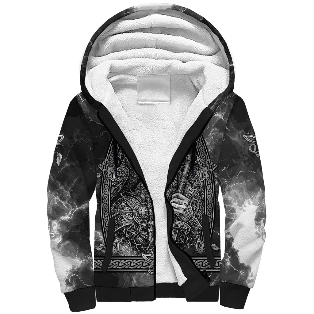 Viking Warrior Raven Axe Vegvisir Sherpa Hoodie Odin Warrior Nordic Runic Engraved Illustration Style
