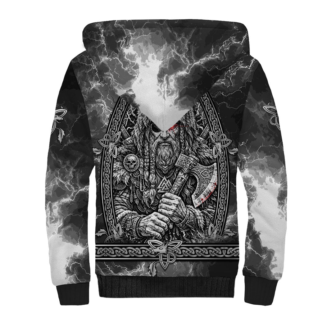 Viking Warrior Raven Axe Vegvisir Sherpa Hoodie Odin Warrior Nordic Runic Engraved Illustration Style