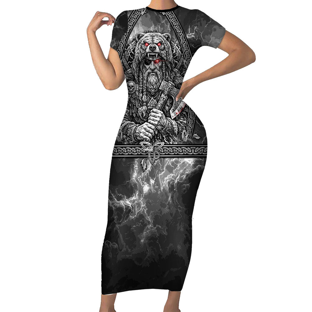 Viking Warrior Raven Axe Vegvisir Short Sleeve Bodycon Dress Odin Warrior Nordic Runic Engraved Illustration Style