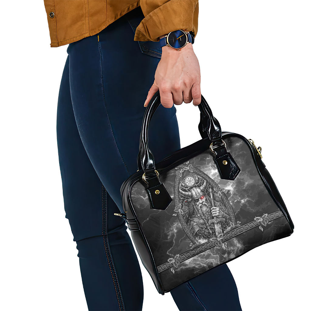 Viking Warrior Raven Axe Vegvisir Shoulder Handbag Odin Warrior Nordic Runic Engraved Illustration Style