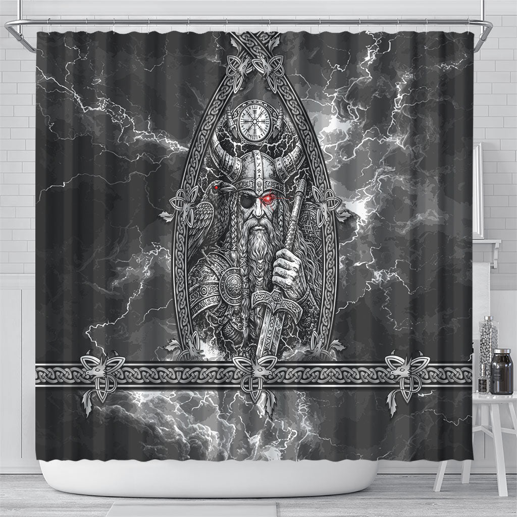 Viking Warrior Raven Axe Vegvisir Shower Curtain Odin Warrior Nordic Runic Engraved Illustration Style