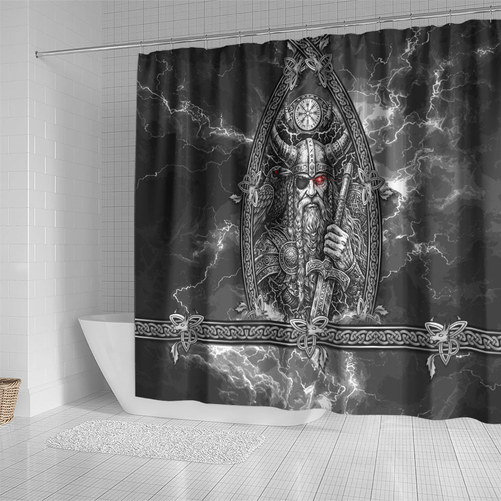 Viking Warrior Raven Axe Vegvisir Shower Curtain Odin Warrior Nordic Runic Engraved Illustration Style