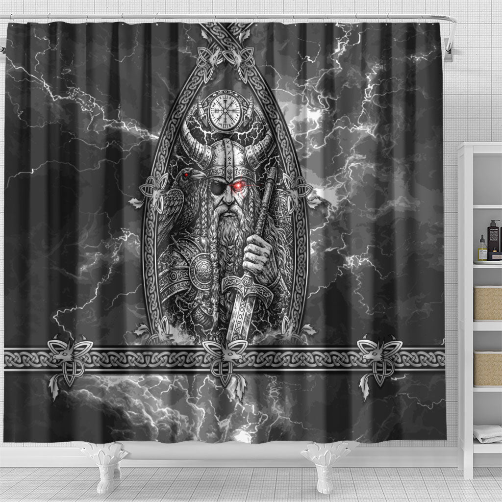 Viking Warrior Raven Axe Vegvisir Shower Curtain Odin Warrior Nordic Runic Engraved Illustration Style