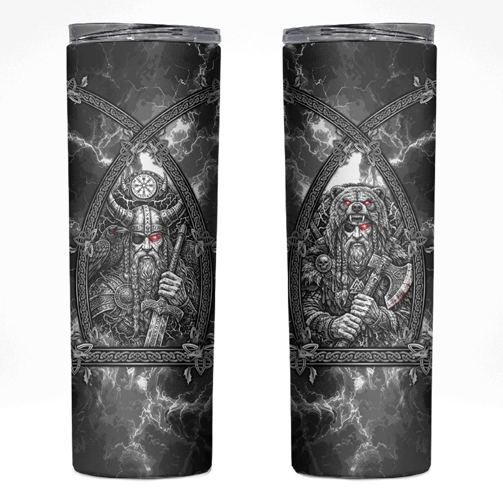 Viking Warrior Raven Axe Vegvisir Skinny Tumbler Odin Warrior Nordic Runic Engraved Illustration Style