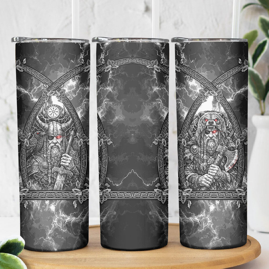 Viking Warrior Raven Axe Vegvisir Skinny Tumbler Odin Warrior Nordic Runic Engraved Illustration Style