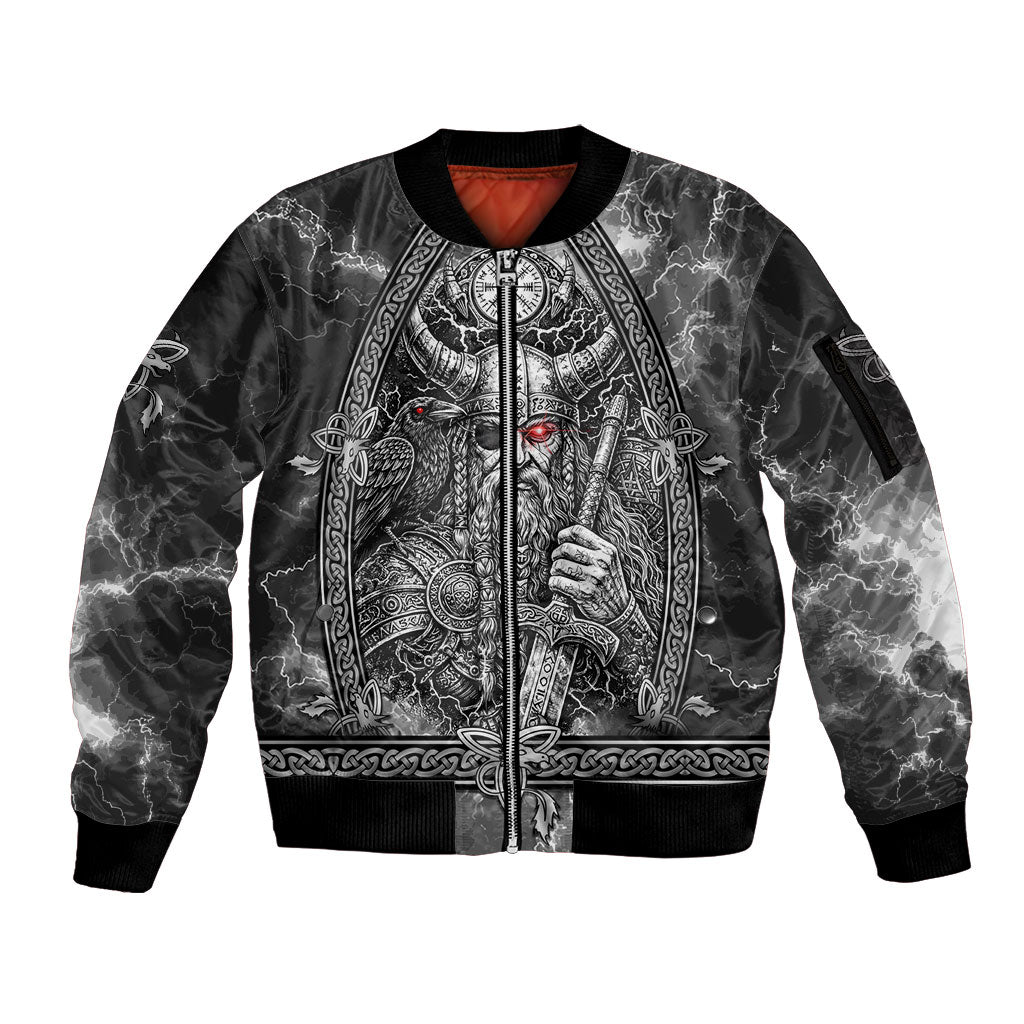 Viking Warrior Raven Axe Vegvisir Sleeve Zip Bomber Jacket Odin Warrior Nordic Runic Engraved Illustration Style
