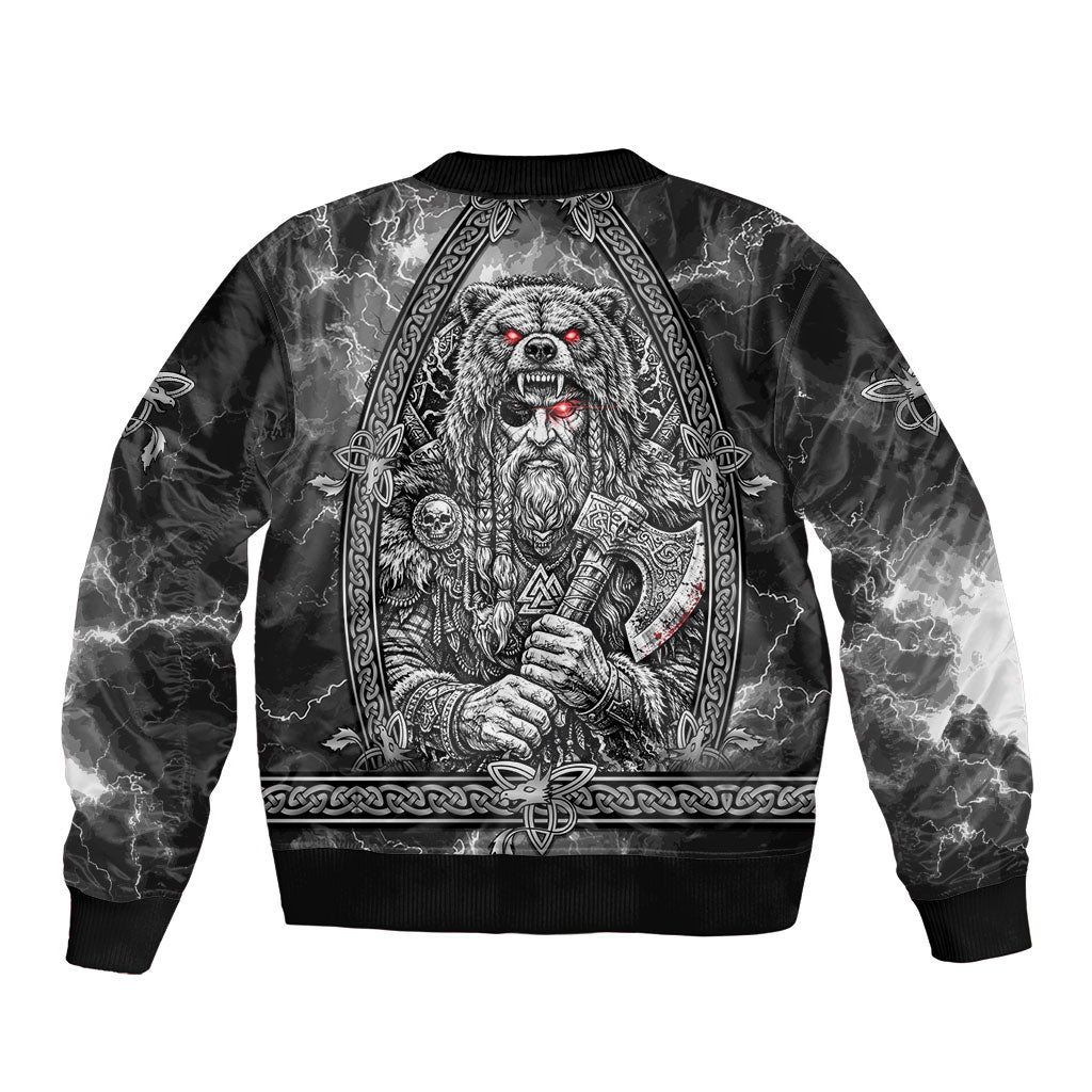Viking Warrior Raven Axe Vegvisir Sleeve Zip Bomber Jacket Odin Warrior Nordic Runic Engraved Illustration Style