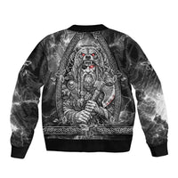 Viking Warrior Raven Axe Vegvisir Sleeve Zip Bomber Jacket Odin Warrior Nordic Runic Engraved Illustration Style