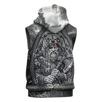 Viking Warrior Raven Axe Vegvisir Sleeveless Hoodie Odin Warrior Nordic Runic Engraved Illustration Style