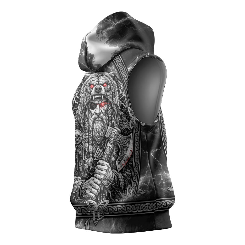Viking Warrior Raven Axe Vegvisir Sleeveless Hoodie Odin Warrior Nordic Runic Engraved Illustration Style