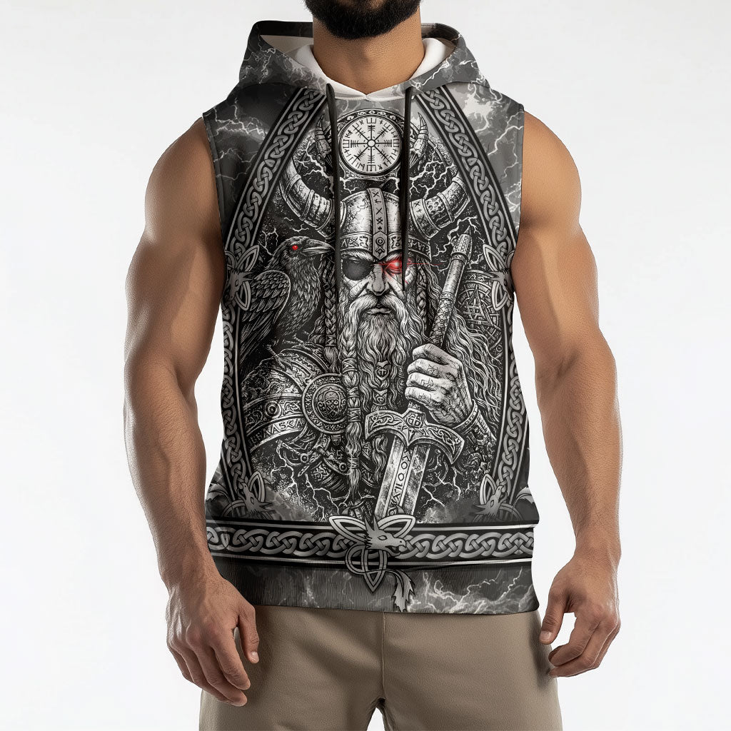 Viking Warrior Raven Axe Vegvisir Sleeveless Hoodie Odin Warrior Nordic Runic Engraved Illustration Style