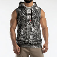 Viking Warrior Raven Axe Vegvisir Sleeveless Hoodie Odin Warrior Nordic Runic Engraved Illustration Style